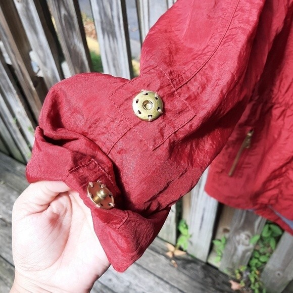 G.E.T. Red Hooded Trench Coat Lightweight Zip Up Jacket Toll-Tab Sleeve - Picture 5 of 16